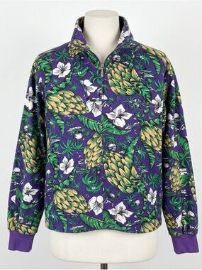 Vintage Esprit Purple Tropical Floral Pullover 1/4 Zip Sz M 1980s Hong Kong RARE